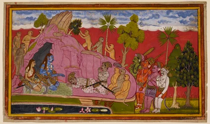 Vibhīṣaṇa hylkää Rāvaṇan ja liittyy seuraajiensa kanssa Rāman seuraan kumartaen tämän edessä. 1653 (pienoiskuva)