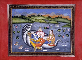 Vishnu ja Lakshmi, kuvitus teoksesta Bhagavatapurana. (Purana of the Siunatun Herran)" Kalurama