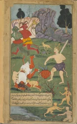 Vol.2 fol.228 Hanuman mestaa Trisiraksen (läpinäkymätön vesiväri, mustetta ja kultaa paperilla)