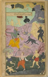 Vol.2 fol.237 Rama ja Laksmana liittyvät hyökkäykseen Lankaa vastaan (läpinäkymätön vesiväri, mustetta ja kultaa paperilla)