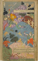 Vol.2 fol.255 Laksmana katkaisee Indrajitan pään Indran hänelle antamalla nuolella (paperilla läpinäkymätön akvarelli, tussi ja kulta)