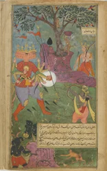 Vol.2 fol.264 Ravana ampuu maagisella asura-aseella Ramaan (läpinäkymätön vesiväri, mustetta ja kultaa paperilla)