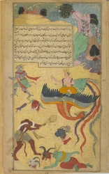 Vol.2 fol.290 Kun Garuda kääntyy kivusta pois taistelukentältä, Vishnu palvelee Malisia kiekolla (läpinäkymätön vesiväri, muste ja kulta paperilla)