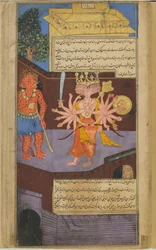 Vol.2 fol.305 Ravana kohtaa pelottavan ovenvartijan Valiksen palatsissa (paperilla läpinäkymätön akvarelli, tussi ja kulta)