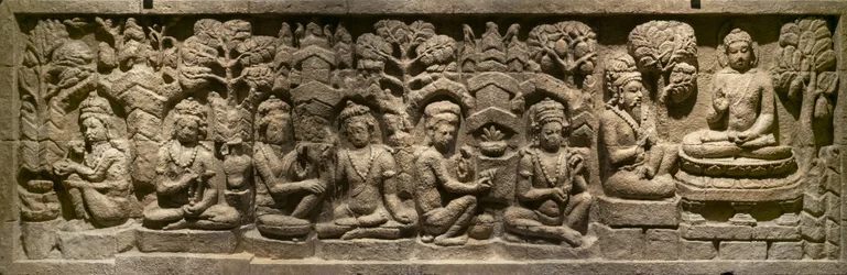Arada Kalama toimittaa opetuksensa tulevalle Buddhalle. Indonesia, Java, Boroduru. 1800-luvun loppu