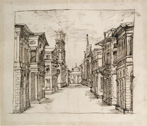 Katu perspektiivissä, n. 1617 (kynä ja muste paperille)