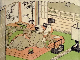 Ippitsusai Bunchon (1725-94) "Shunga" (eroottinen) vedos: rakastavaiset kuuntelevat käkeä.