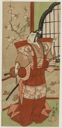 Onoe Kikugorō I Izumi no Saburōna näytelmässä Snowflakes: Plum Blossoms Kaomise