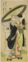 Näyttelijä Matsumoto Koshiro III Kikuchi Hyogo Narikagen roolissa näytelmässä Katakiuchi Chuko Kagami (Vendetta: Uskollisuuden ja lapsellisen velvollisuuden malli), esitettiin Nakamura-teatterissa kuudennen kuukauden viidennestä päivästä, 1770
