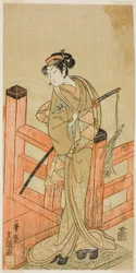 Näyttelijä Nakamura Matsue I Tsuchiya Umegawana Naamiaissumopainija Oyodoksi (?) Naniwa no Onna-zumo -näytelmässä (?), Esitettiin Nakamura-teatterissa (?) kuudennessa kuukaudessa, 1770 (?)