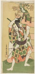 Näyttelijä Nakamura Nakazo I Yamaoka no Saburon roolissa elokuvassa "Momiji Kumo Nishiki no Tsuri Yogi" (Maple Clouds: A Brocade of Coverlets Hung Up), näytelmän Kawaranu Hanasakae Hachi no Ki (Aina kukkiva ruukkupuu) kolmannessa näytöksessä. Nakamura-teat
