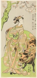 Näyttelijä Segawa Kikunojo II kurtisaani Maizuruna näytelmässä Furisode Kisaragi Soga (Pitkien soga, riippuvat hihat toisessa kuukaudessa), esitettiin Ichimura-teatterissa toisen kuukauden 20. päivästä, 1772