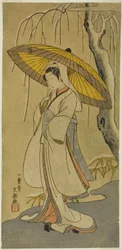 Näyttelijä Segawa Kikunojo II Heron Maidenna näytelmässä "Izun vanu suojelemassa avioliiton krysanteemeja (Myoto-giku Izu no Kisewata)," esitettiin Ichimura-teatterissa yhdennentoista kuukauden ensimmäisestä päivästä 1770 alkaen.