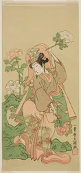 Näyttelijä Segawa Kikunojo II Shakkyo Dance näytelmässä Soga Moyo Aigo no Wakamatsu, esitettiin Nakamura-teatterissa toisessa kuussa, 1769