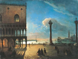 Piazzetta San Marco kuutamossa, Venetsia, Ippolito Caffi (1809-1866), öljy kankaalle, 52x70 cm
