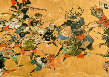 Kaksi keskimmäistä paneelia, jotka kuvaavat kohtauksia Osakan taistelusta, Japani, 2005 (kuva).