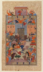 Lehti Šahnamesta: Iranilaiset valtaavat Afrasiyabin linnoituksen, noin 1580-1590
