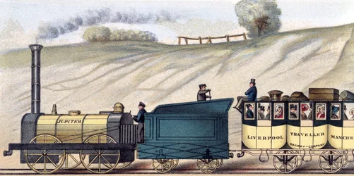 Matkustaa Liverpoolin ja Manchesterin rautateillä, yksityiskohta veturi "Jupiter", kaiverrettu S.G. Hughes, n. 1831 (väri litho)