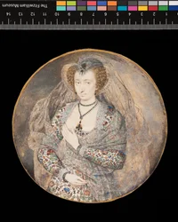 Miniatyyri. Tuntematon nainen. Lucy Harington, Bedfordin kreivitär (entinen titteli), noin 1605 (vartaloväri ja akvarelli kortille).