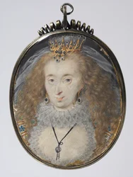 Lucy Russellin, Bedfordin kreivitär, muotokuva, n. 1608-1616 (akvarelli, kulta ja hopea, kullattu hopeakehys)