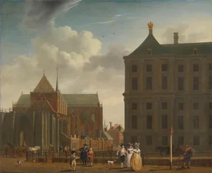 Nieuwe Kerk ja kaupungintalo padolla Amsterdamissa Uusi kirkko ja kaupungintalo Dam-aukiolla Amsterdamissa