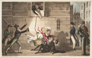 Proctorin tai Oxford Bull -koirien päättäminen, jotka havaitsevat röyhkeitä salakuljettajia, The English Spy -julkaisusta, julkaistu Lontoossa, 1824 (käsinvärinen kaiverrus)