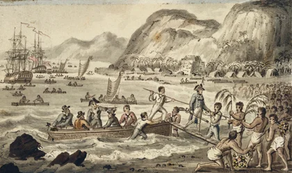 Kapteeni Cook laskeutuu Owyheeen, kuva elokuvasta "The Voyages of Captain Cook"