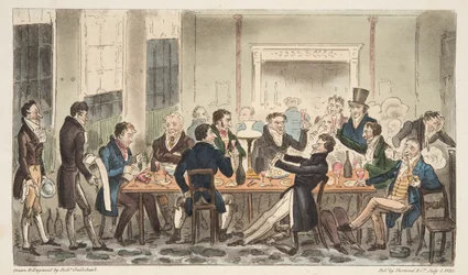 Ilta ja High Spirits, kohtaus Longs Hotelissa, Bond Street, pubista The English Spy. 1824 (käsinvärinen kaiverrus)