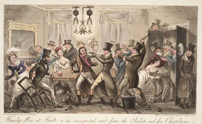 Perhemiehet syyllistyneet, tai piispan ja hänen kappalaistensa odottamaton vierailu, Englannin vakooja, pub. 1824 (käsinvärinen kaiverrus)