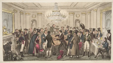 Modernin helvetin sisustus - vide. The Cogged Dice, The English Spy -pubista. 1824 (käsinvärinen kaiverrus)