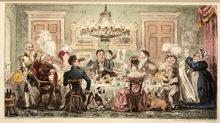 Liston and the Lambkins or the Citizens Dinner Party, teoksesta The English Spy, pub. 1824 (käsin väritetty kaiverrus)