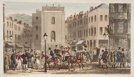 Milsom Street & Bond Street, jossa on muotokuvia Bath Swellistä, Englannin vakoojasta, julkaistu Lontoossa, 1824 (käsinvärinen kaiverrus)