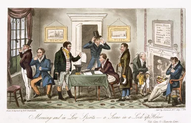 Morning and in the Low Spirits – kohtaus suljetussa talossa, Charles Molloy Westmacottin (1788-1868) julkaisusta "The English Spy", julkaistu Lontoossa, 1825