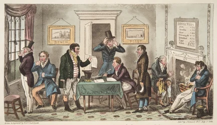 Aamulla ja huonolla tuulella, Lock Up kohtaus Spunging House, Carey Street, vähän hyvää totuutta, The English Spy, julkaistu Lontoossa, 1824.