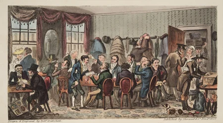 The Bags, Mens Banquet at the Bell Inn, Cheltenham, julkaisusta The English Spy, pub. 1824 (käsin väritetty kaiverrus).