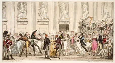 Cyprians Ball Argyle Roomsissa, The English Spy -pubista. 1824 (käsinvärinen kaiverrus)