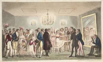 The Green Room of the Kings Theatre tai Jaloamatöörit katselemassa ulkomaisia uteliaisuutta, pubista The English Spy. 1824 (käsinvärinen kaiverrus)