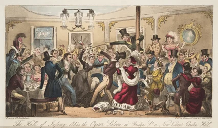 The Hall of Infamy, alias Oyster Saloon Brydges-Streetissä, tai New Covent Garden Hell, The English Spy -pubista. 1824 (käsinvärinen kaiverrus)