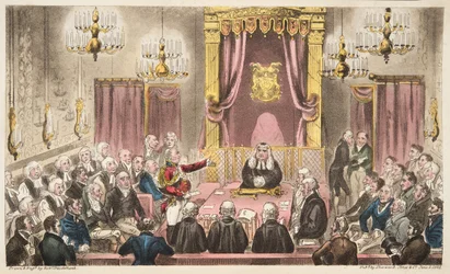 The House of Lords in High Debate, The English Spy, pub. 1824 (käsinvärinen kaiverrus)