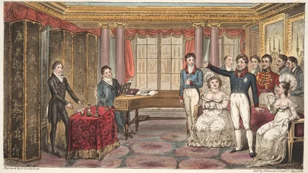 The King at Home, tai Mathews at Carlton House, Englannin vakoojista, Charles Westmacott, julkaistu 1824 (käsinvärinen kaiverrus)