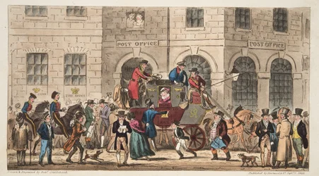 The Post Office Bristol, Lontoon postin saapuminen, englantilaisesta The English Spy -lehdestä, julkaistu Lontoossa 1824.
