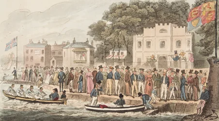 Cowesin rantakatu, julkaisusta The English Spy, pub. 1824 (käsin väritetty kaiverrus)