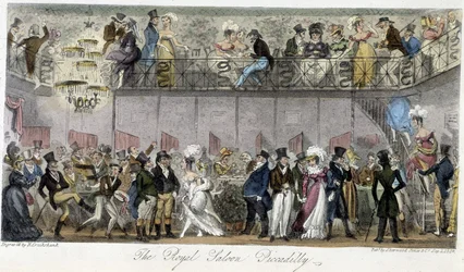 Royal Saloon Piccadilly - Charles Molloy Westmacottin ""The English Spy" -sarjassa, piirustus Robert Cruikshank, London Edition