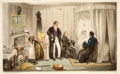 Tom Echo makaa Headington Feverin tai oksonilaisen kanssa aivan lähellä muuria, The English Spy -julkaisusta, julkaistu Lontoossa, 1824 (käsinvärinen kaiverrus)