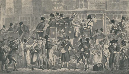 Outside White Horse Cellar, Piccadilly, 1821, 1920. Taiteilijat: Isaac Robert Cruikshank, George Cruikshank.