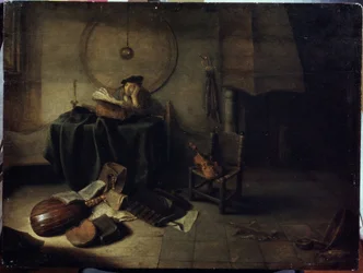""Melankolia II"" (Melankolia II (Tutkija studiossaan)) Musiikkia opiskeleva mies, mietteliäs ilme. Isaac de Joudervillen (1613-1648) Serpoukhovin maalaus, Valtion historian ja taiteen museo