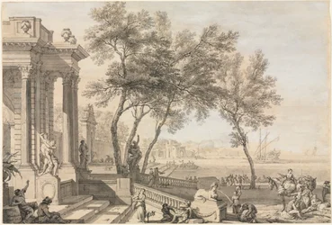Fantastinen satamanäkymä arkkitehtuurilla ja hahmoilla, 1713.
