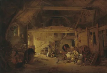 Saksa: Scheuneninterieur Navetan sisustus, jossa kaksi lasta syö ja mies tekee töitä.