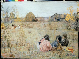 Late Dashniks (Late Dashniks). (Dashnik on venäläinen puutarhuri, jolle hallitus on antanut dathan ja muutaman hehtaarin viljeltäväksi henkilökohtaiseen tuotantoon). Izaak Izrailevich (1884-1939) maalaus. Öljy kankaalle