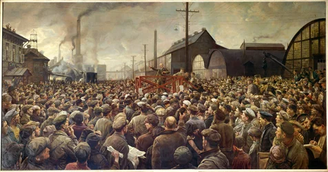 Venäjän vallankumous 1917: "Lenin puhuu Putilovin tehtaan työntekijöille Petrogradissa